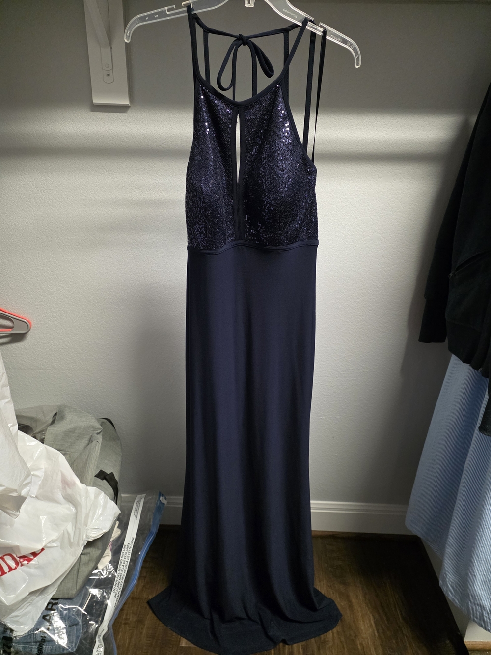 Xscape Navy Halter Evening Formal Dress with Keyhole Detail